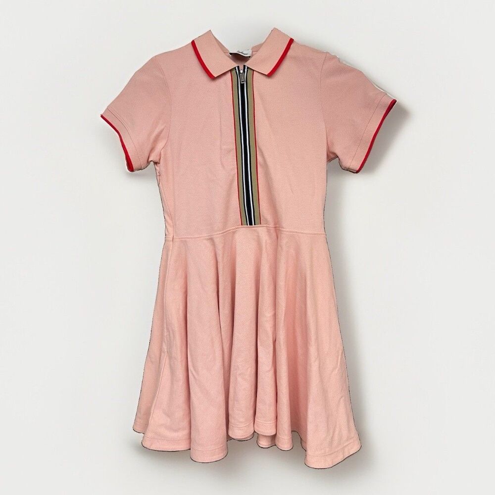 Burberry Girls Kellyanne Pique Icon Stripe Pink Cotton Varsity Polo Dress 10y
